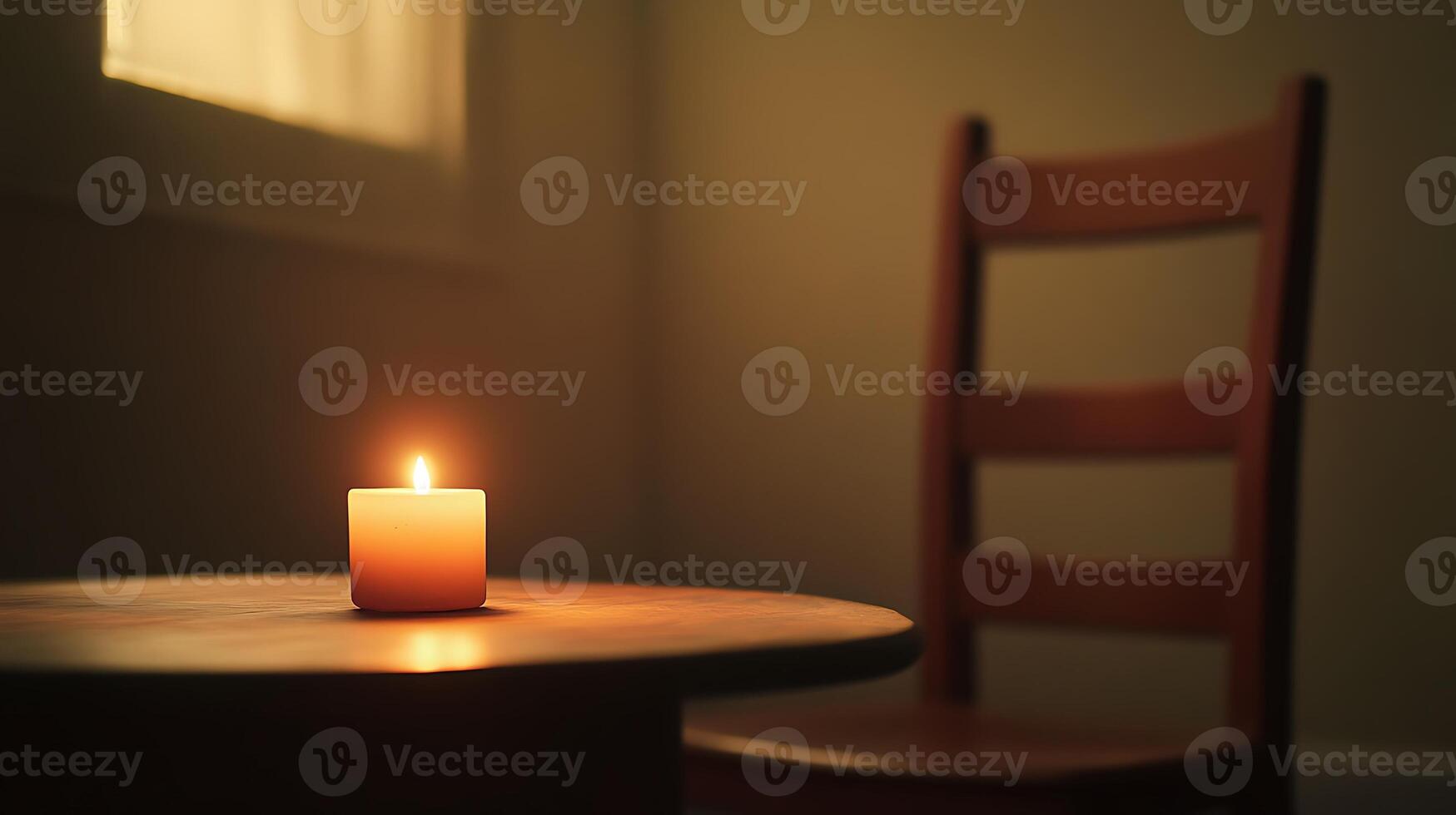 A single candle burning on a table in an empty room, with warm reflections and a chair slightly pulled out, film-like detail, high realism, cinematic lighting photo