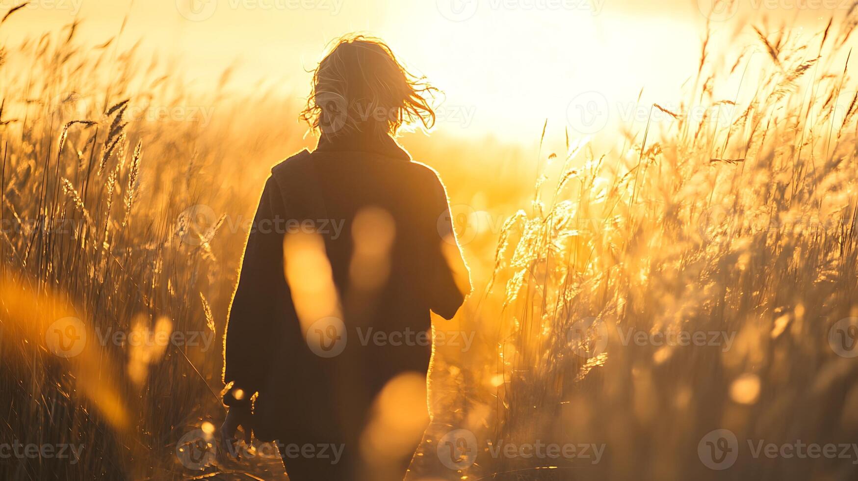 A person walking through tall grass during golden hour, hand brushing the tips of the grass, the wind catching their hair, cinematic mood, film grain, high realism photo