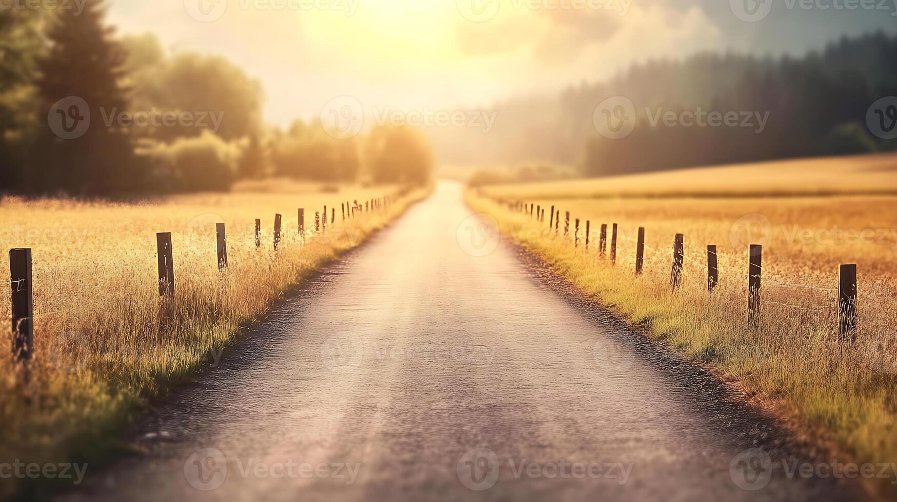 Ultra-realistic cinematic countryside landscape showing an empty road stretching through quiet meadows. Gentle morning mist and soft golden sunlight create a tranquil and dreamy atmosphere. photo