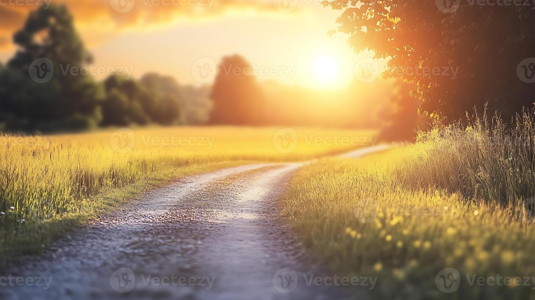 High-definition image of a winding rural road cutting through vibrant grassy fields at sunrise. The warm light casts long shadows and creates a golden glow across the natural scene, photo