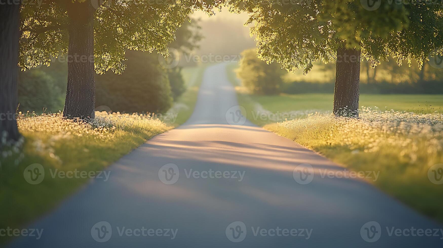Ultra-realistic cinematic countryside landscape showing an empty road stretching through quiet meadows. photo