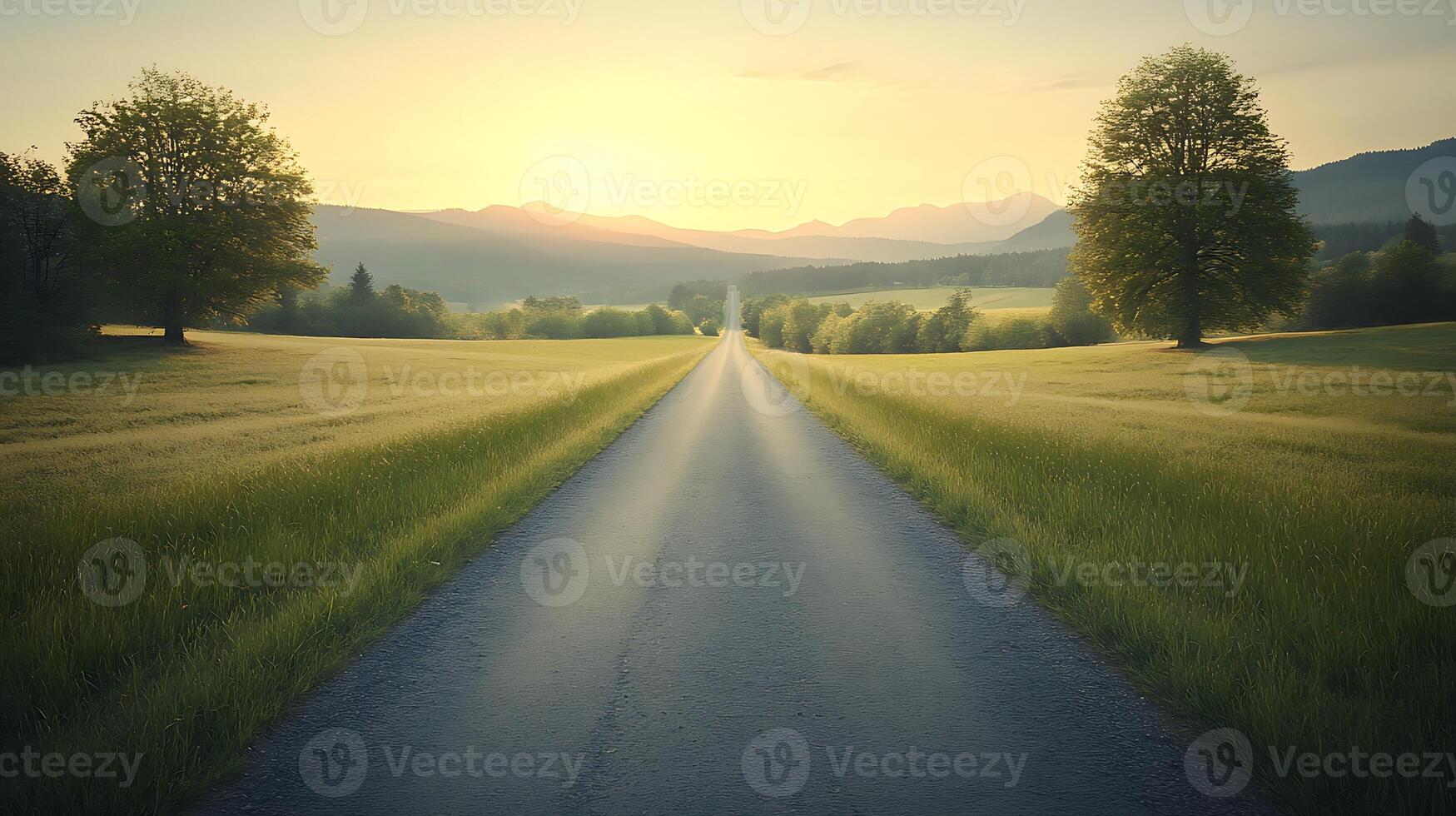 Realistic panoramic view of a quiet countryside road at dawn, with golden morning light illuminating the green meadows on both sides. The horizon glows softly under a pastel-colored sky. photo