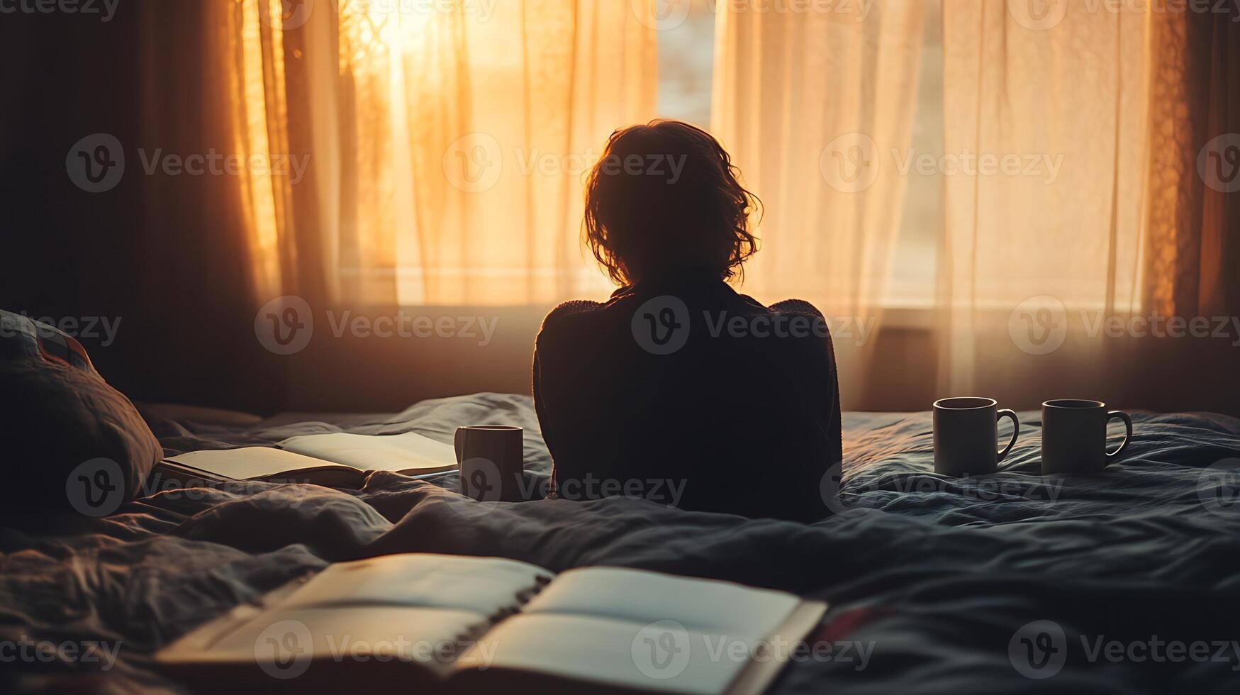 A person sitting alone on a cozy bed with warm sunset light coming through curtains, surrounded by empty coffee mugs and open notebooks, realistic cinematic style, film grain texture, emotional photo
