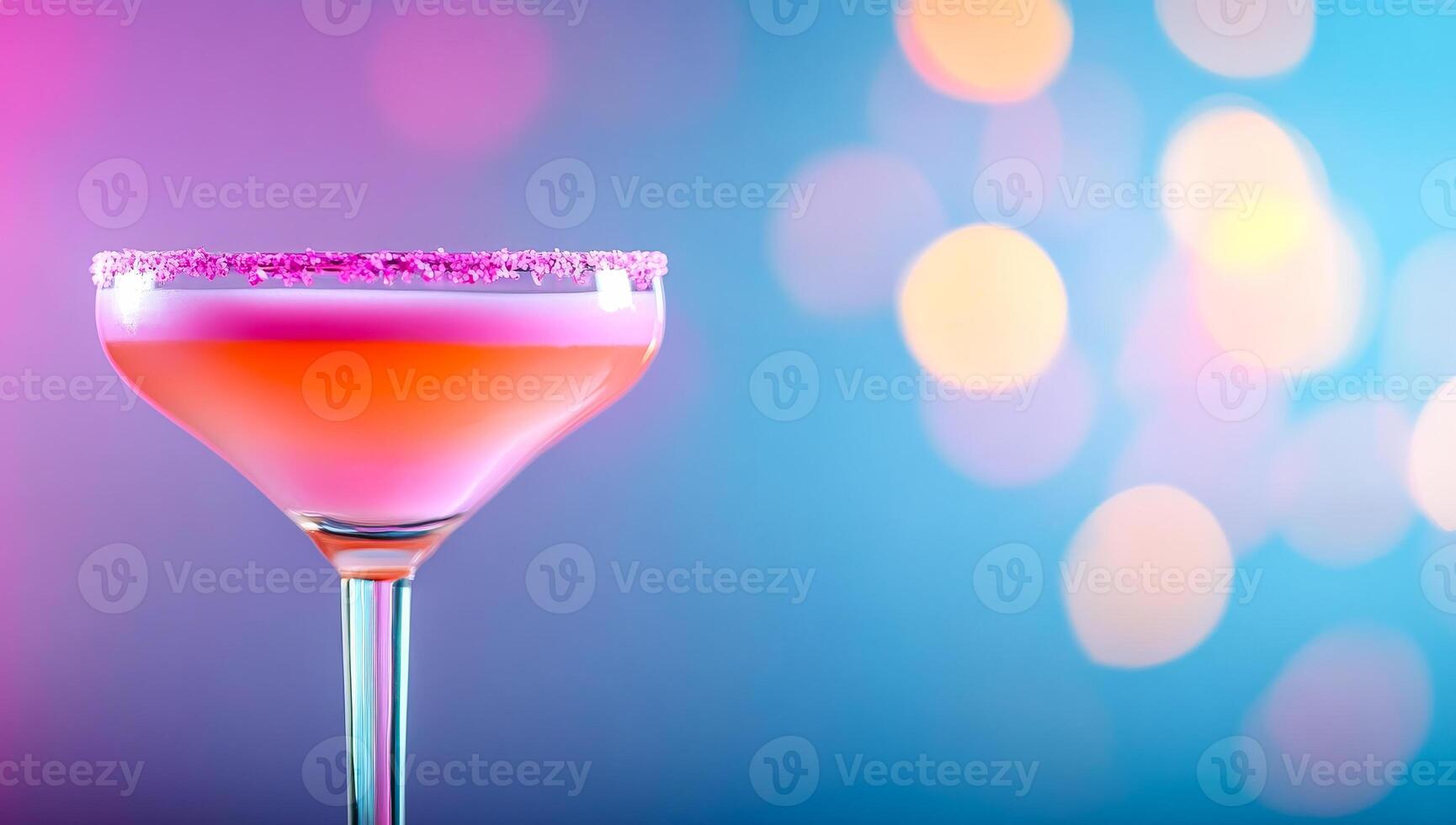 Blurred background cocktail. A vibrant cocktail in a glass garnished with sugar sits against a soft, colorful bokeh backdrop. photo