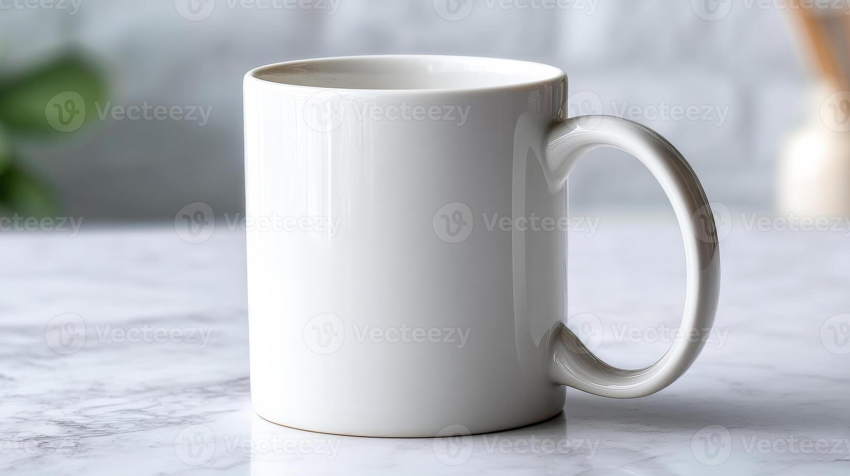 White mug on marble surface. A white ceramic mug rests on a smooth marble surface, showing its clean design and texture under soft lighting. photo