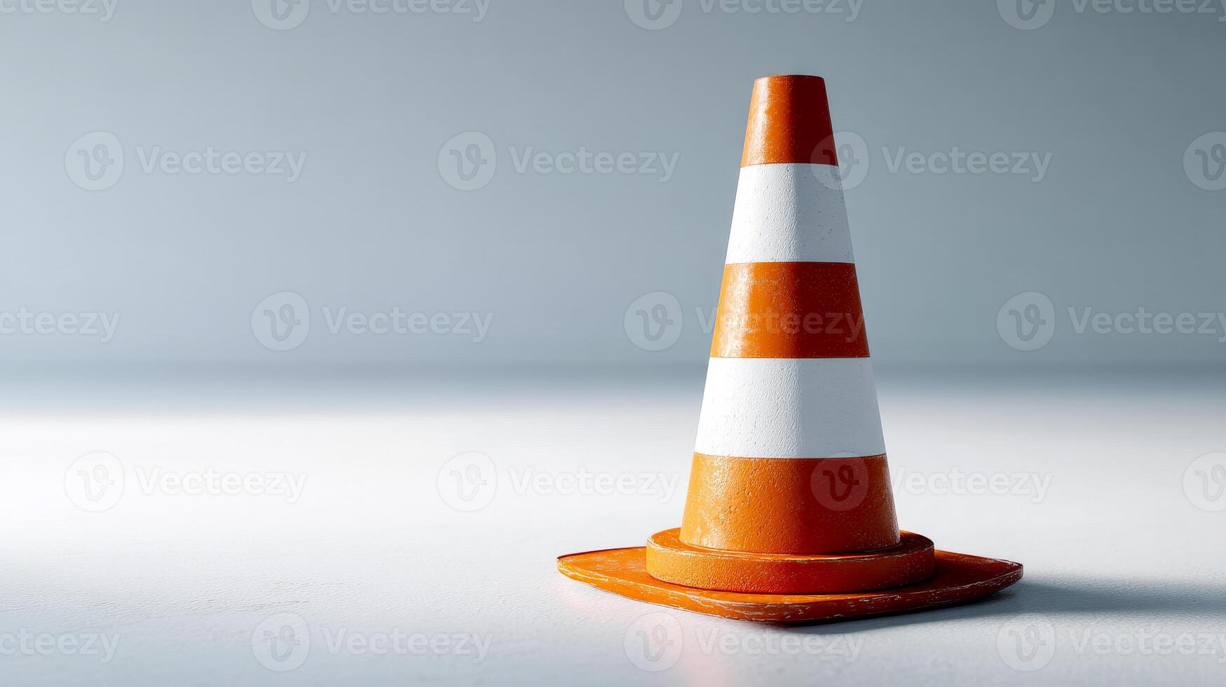 Traffic cone placed on a flat surface. Bright orange traffic cone is positioned upright on a smooth white surface, with stripes clearly visible. photo