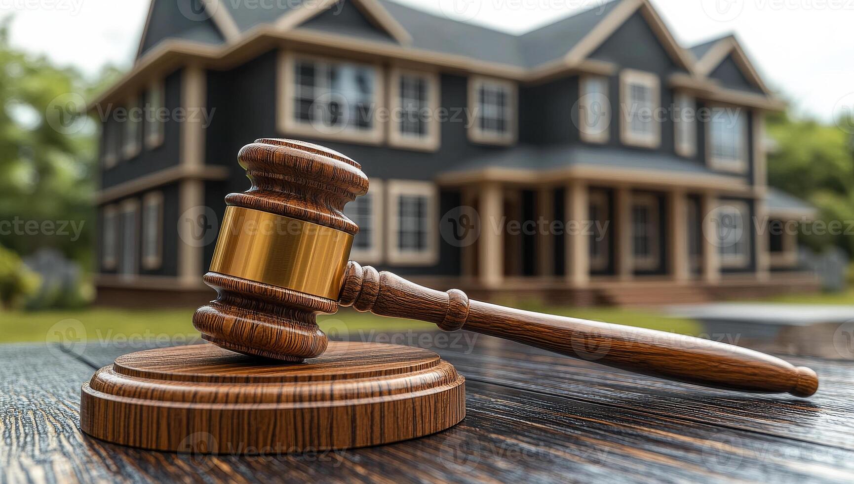 Gavel on block by a house. A wooden gavel lays on its block in focus, with a large house blurred in the background on a sunny day. photo