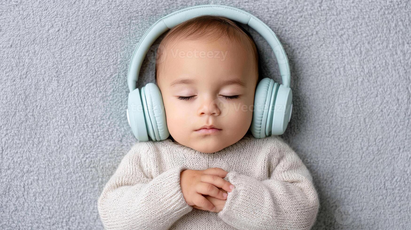 Baby listens to music while resting. A calm baby wearing headphones enjoys music while lying peacefully on a soft, gray blanket in a cozy environment. photo