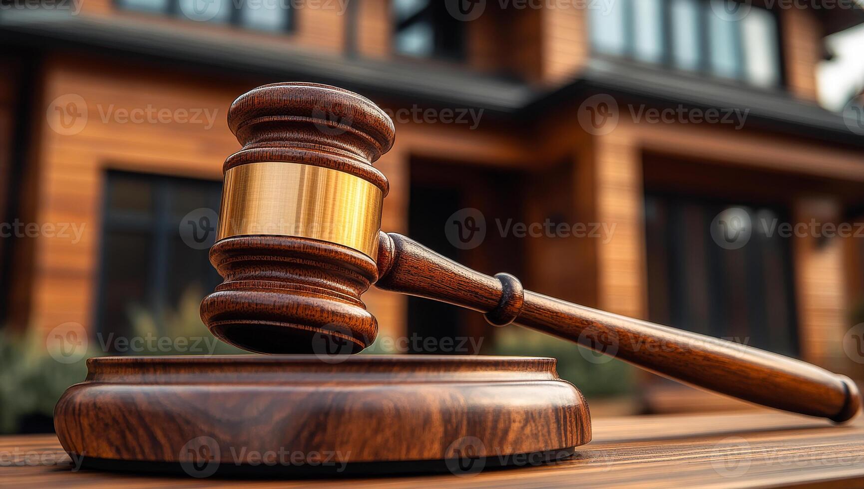 Wooden gavel resting on a sound block. A wooden gavel sits on a sound block in front of a modern wooden house, symbolizing legal authority and justice. photo