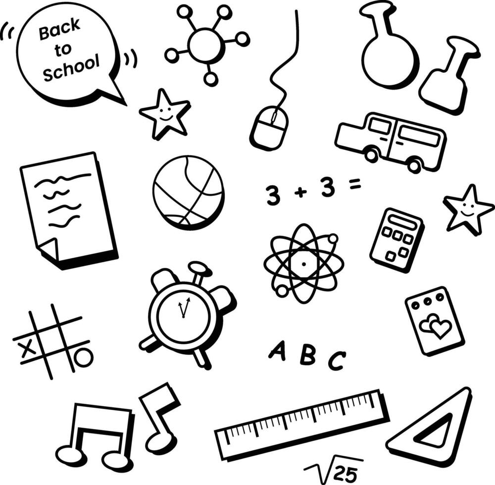 School doodles on notebook sheet. Back to school. School supplies and elements are drawn on a notebook page. Hand drawn illustration vector
