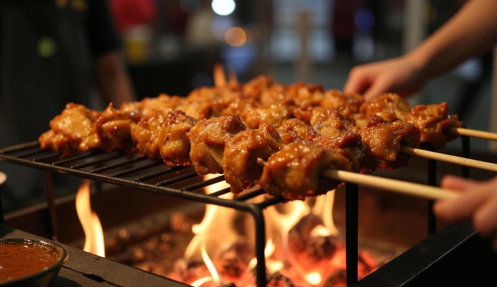 Grilled Chicken Satay Skewers over Open Flame with Sauce photo
