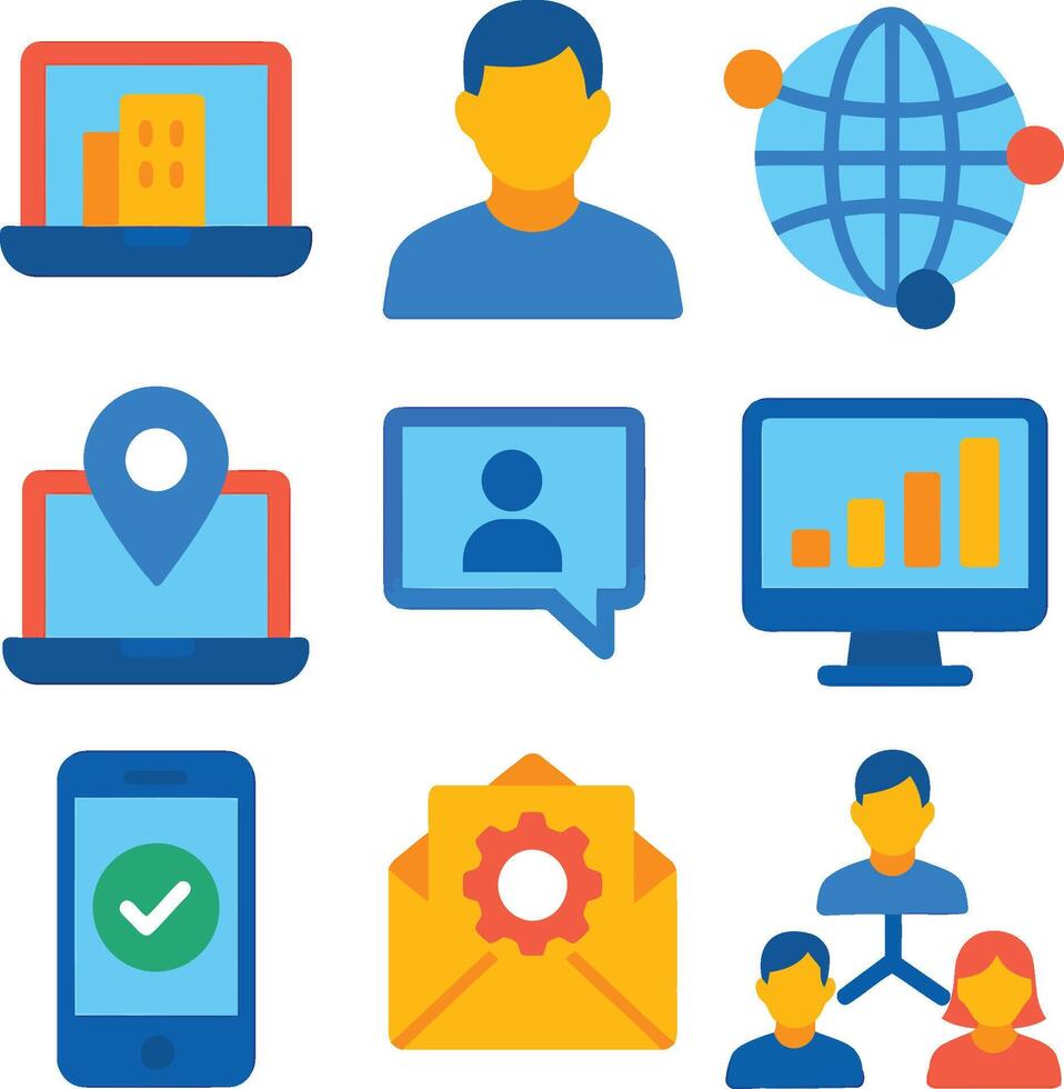 Flat Communication Icon Set Featuring People, Global Connection, Location Pin, Message, and Notification in Modern Style vector