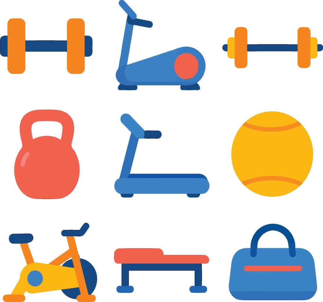 Flat Gym Icon Set Featuring Weights, Treadmill, Kettlebell, Dumbbells, and Exercise Equipment in Modern Style vector