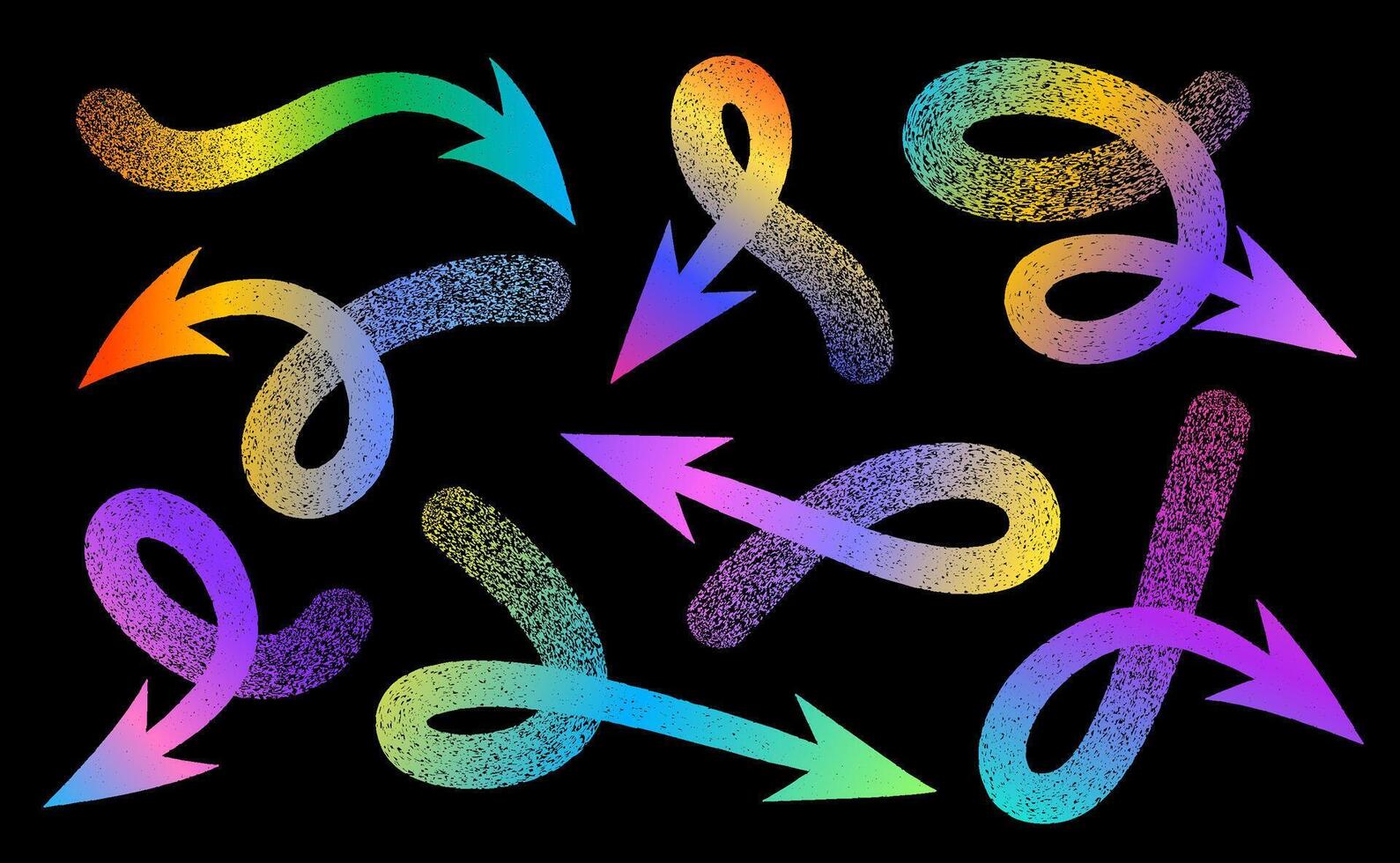 Colorful gradient arrows with swirling and curved forms pointing in various directions on a black background. vector
