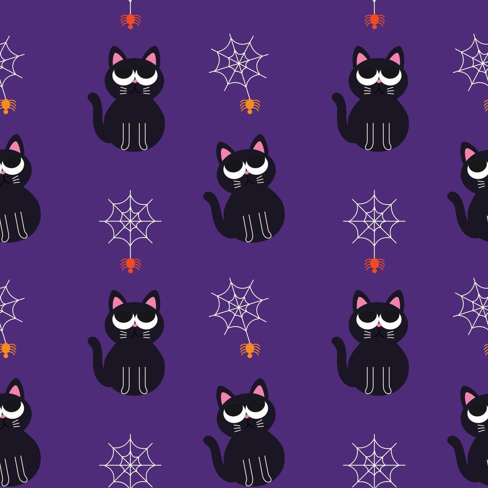 Cute Black Cat and Spider cartoon flat design Seamless Halloween Pattern vector