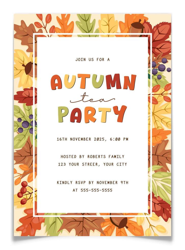 Autumn Tea Party Invitation Card with Fall Leaves. vector