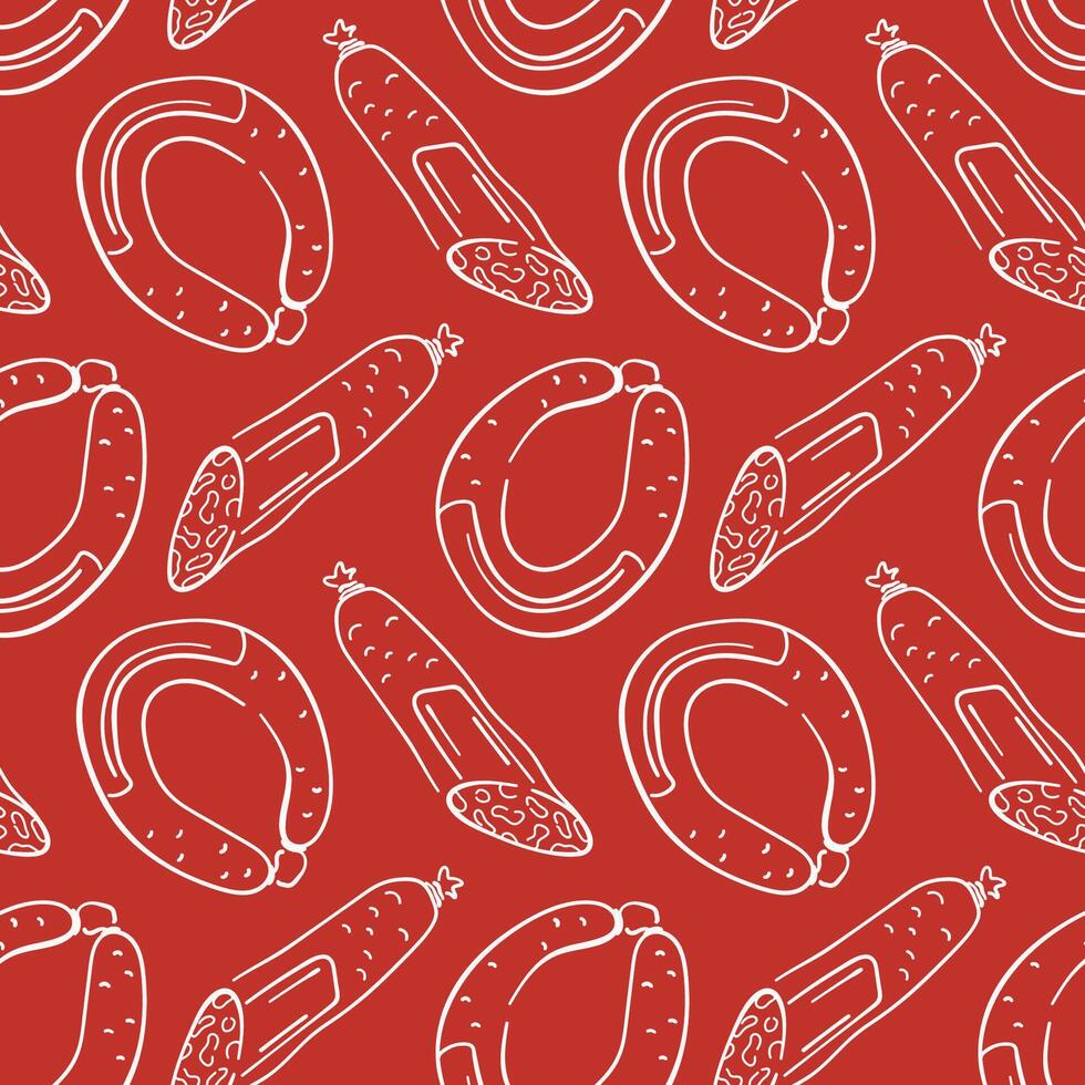 Seamless pattern with line art style sausage and salami on red background. Perfect for butcher shop packaging, restaurant menu, grocery design and kitchen wallpaper. vector