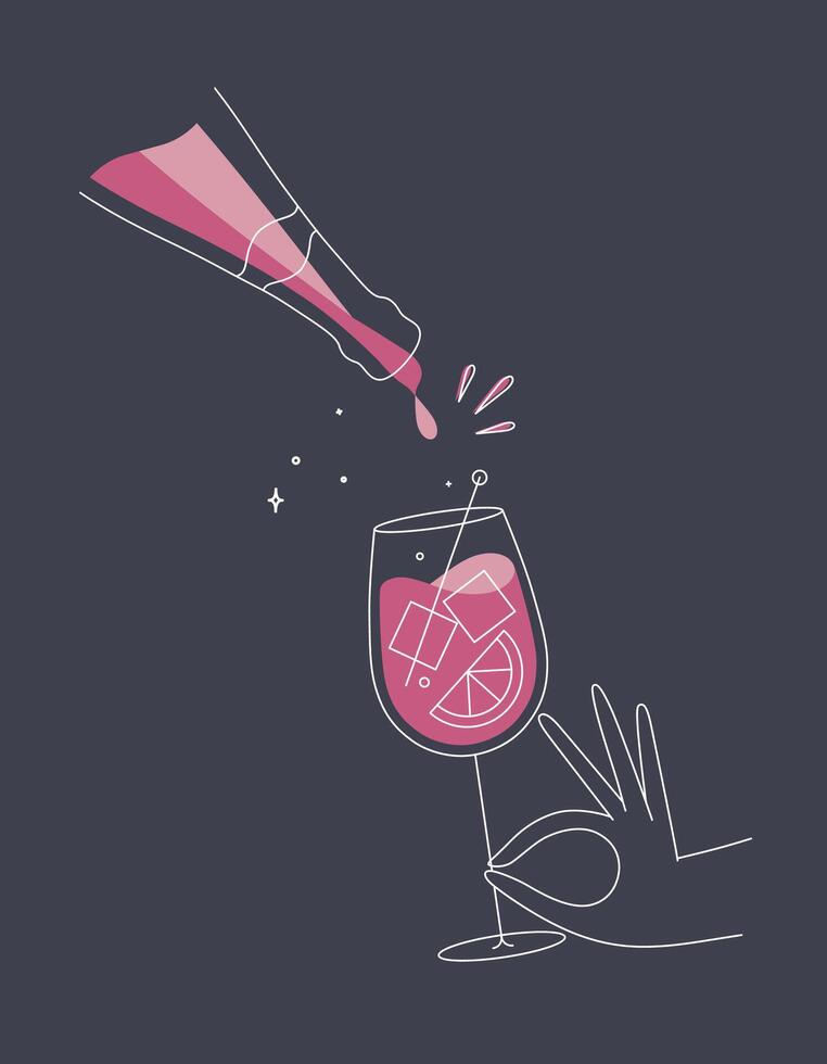 Hand holding glass of aperol spritz cocktail and bottle drawing in flat line style on dark blue background vector