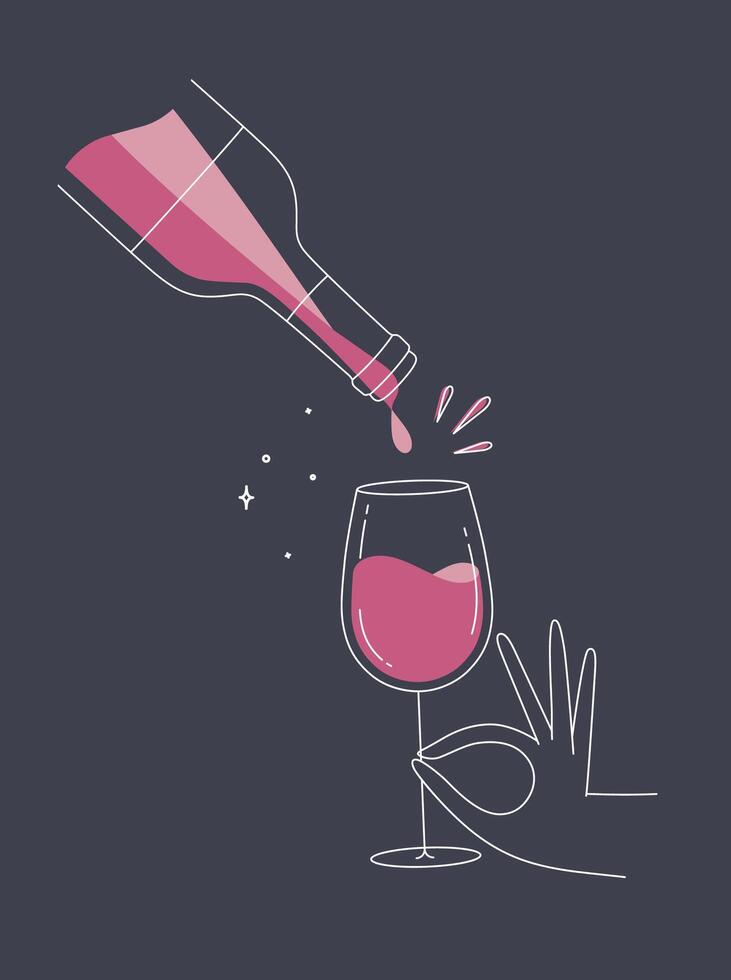 Hand holding glass of wine and bottle drawing in flat line style on dark blue background vector