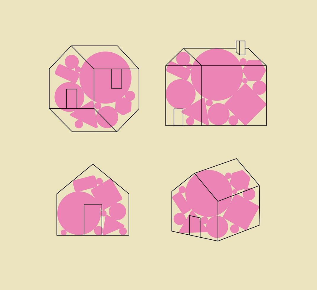House design different shapes drawing with pink on beige background vector