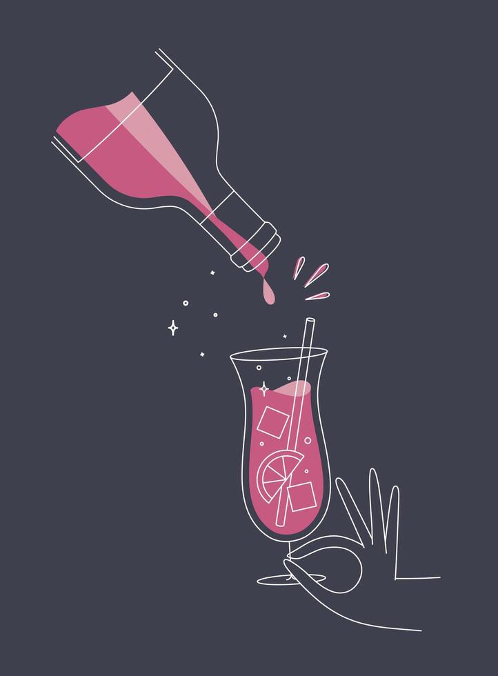 Hand holding glass of pina colada cocktail and bottle drawing in flat line style on dark blue background vector