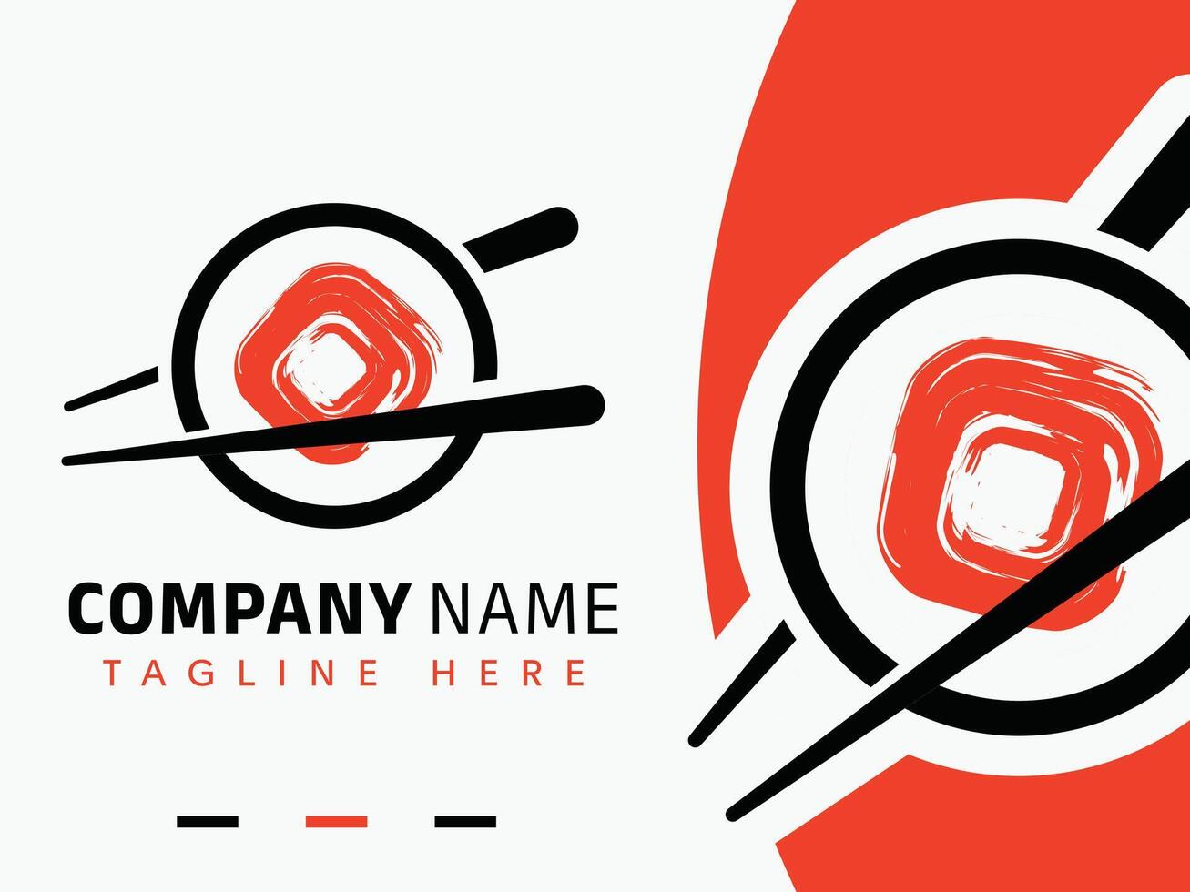 Modern sushi restaurant logo design featuring a stylized sushi roll with chopsticks and bold red and black graphic elements vector