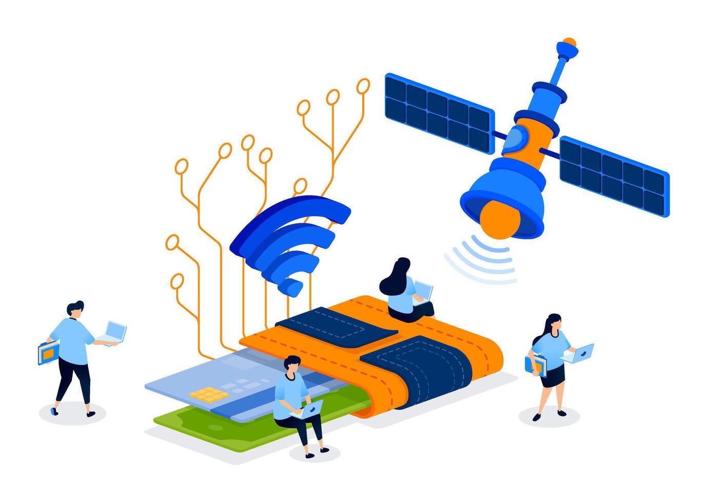 People using technology near a satellite vector