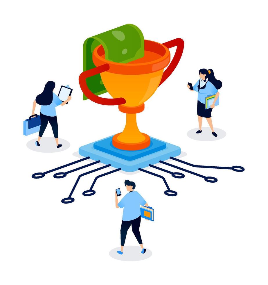 Team collaboration around a trophy icon vector
