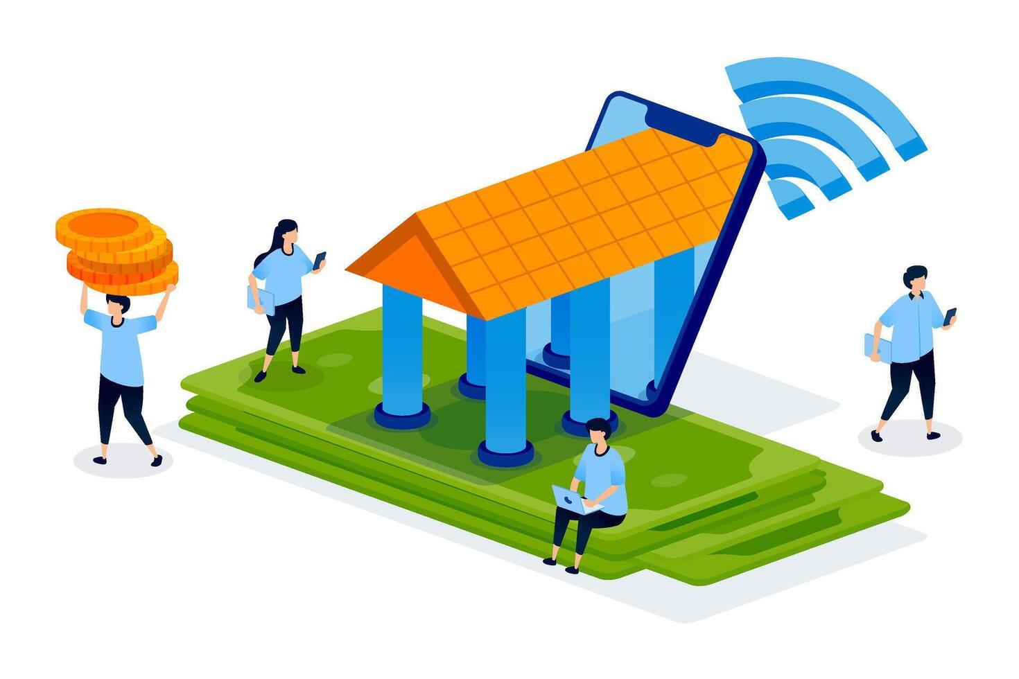 Digital banking illustration with users and money vector