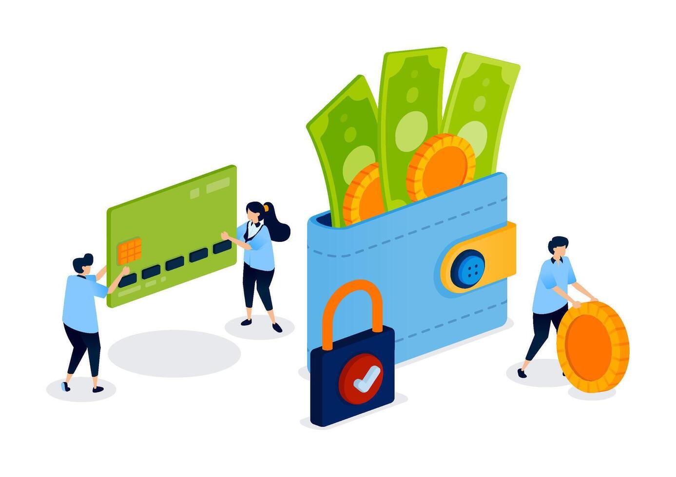 Digital wallet with money and security features vector