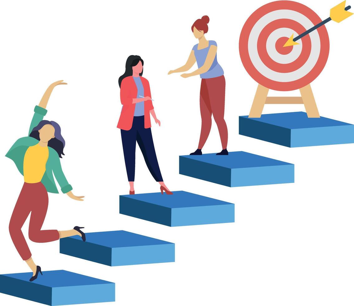 Women ascending stairs to reach target vector