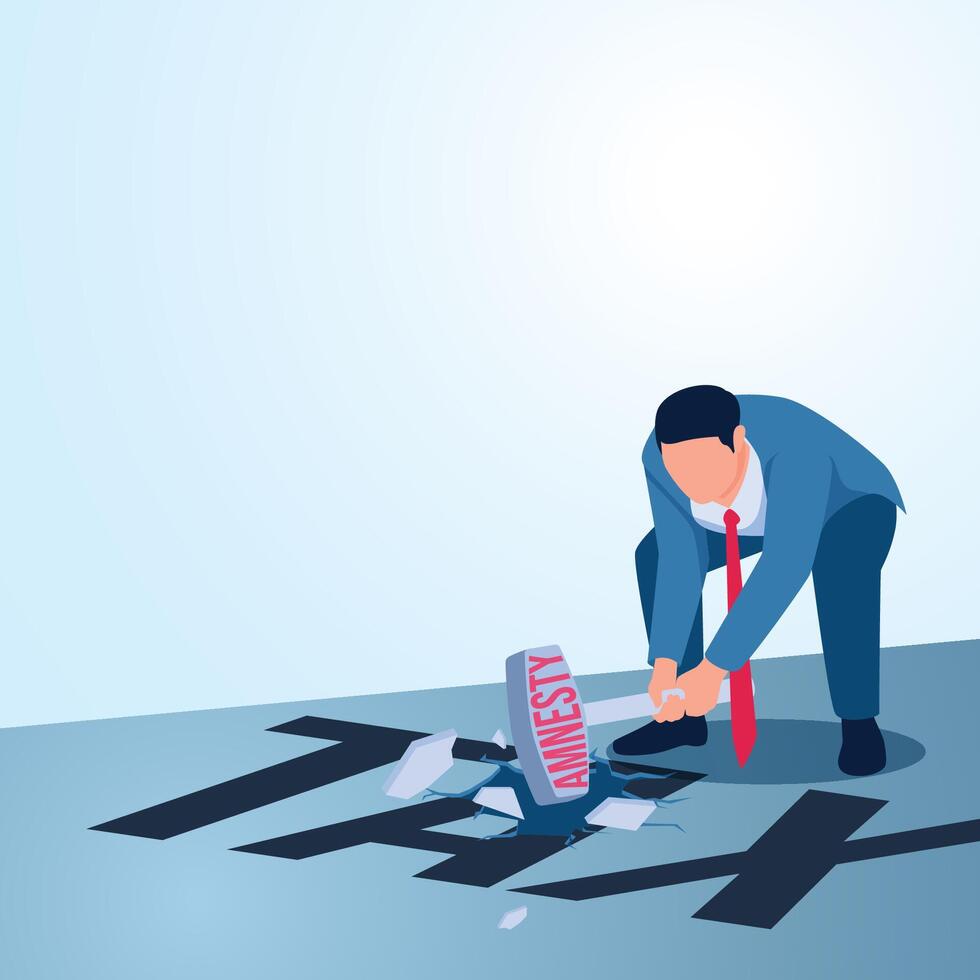 A man smashes a tax on the floor with a hammer that says amnesty. A metaphorical illustration for tax amnesty, business tax cuts and discounts. vector