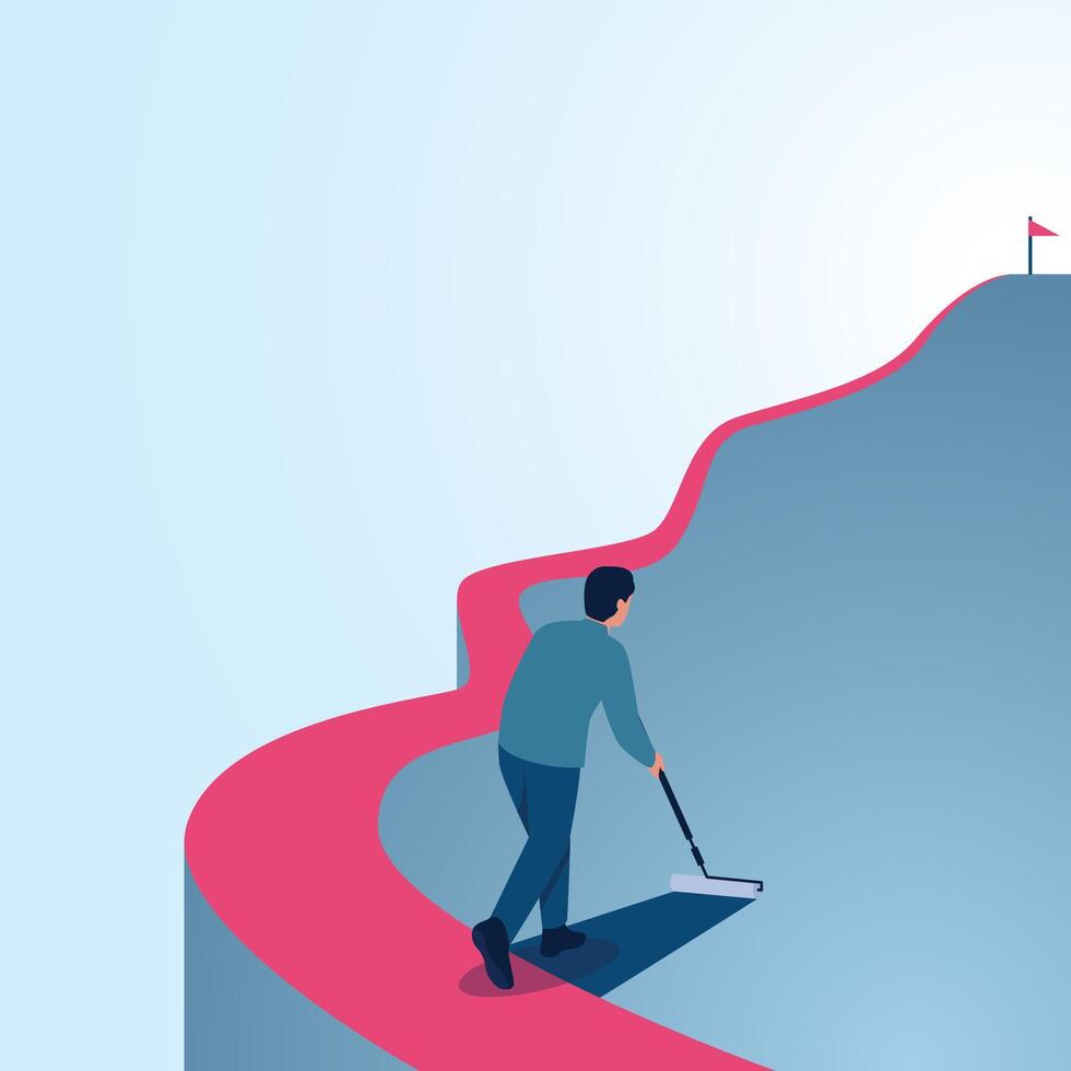 A man makes his own way to the flag. A metaphorical illustration for shortcuts, strategies and the quickest way. vector