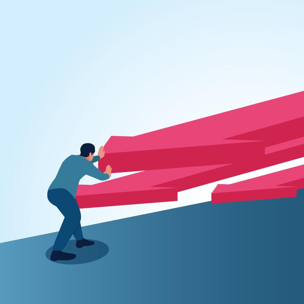 A man pushing an arrow in the opposite direction. A metaphorical illustration for resistance to change, fighting against uniformity and making a difference. vector
