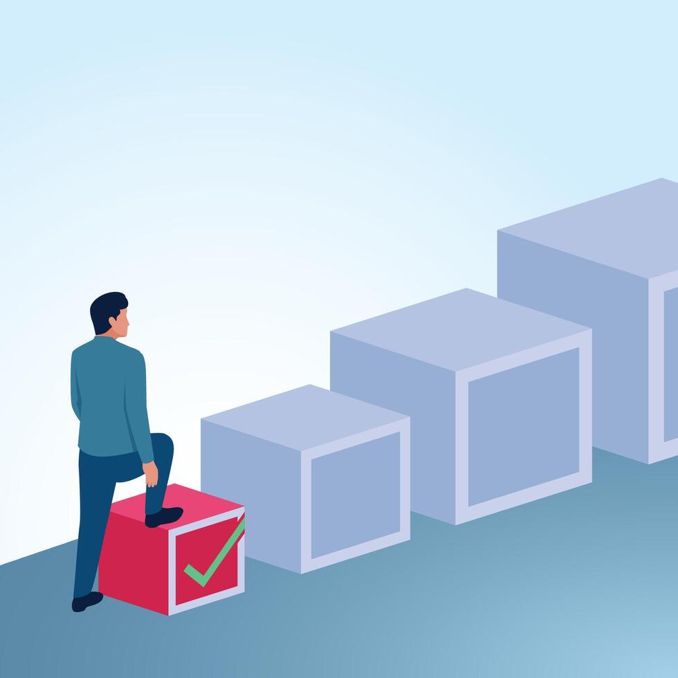 A man steps on the first checklist box. A metaphorical illustration of the first step, starting and the starting line in business. vector