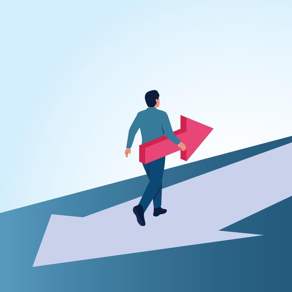 A man carrying opposing arrows on top of another arrow. A metaphorical illustration for resistance to change, fighting against uniformity and making a difference. vector