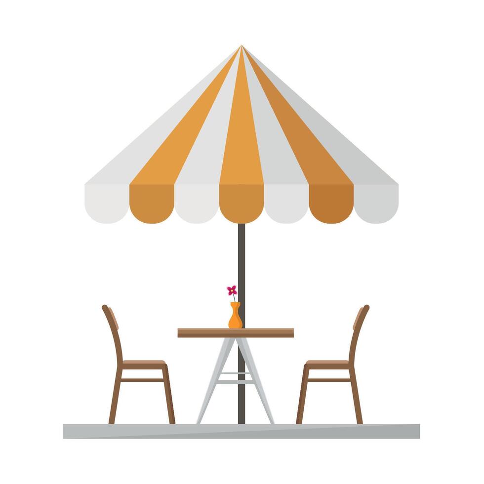 Terrace with umbrella, table, chairs and vase with flowers. Place for eating and relaxing. vector