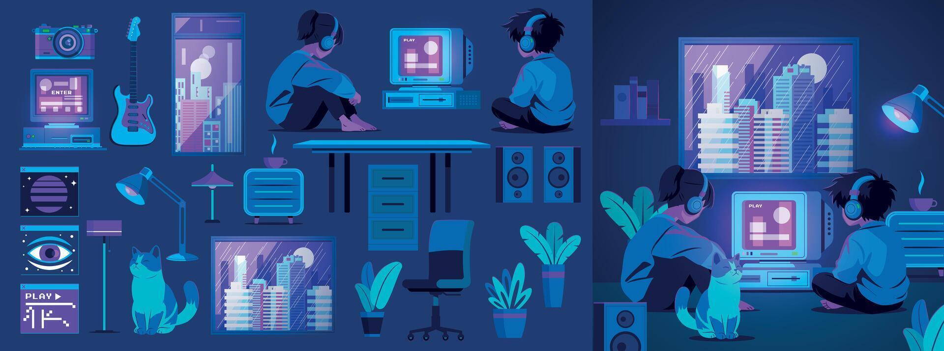 Child with headphones in a cozy workspace vector