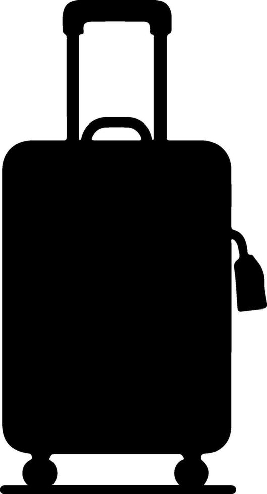 Black silhouette of a rolling suitcase with a retractable handle and luggage tag vector