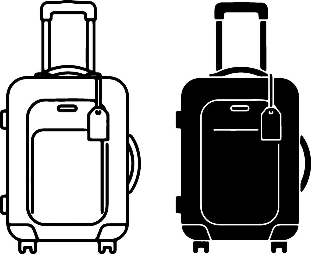 Two-wheeled luggage bags with handles and tags, one black silhouette and one outline silhouette vector