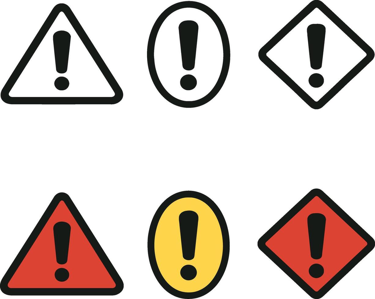 Collection of exclamation mark warning symbols in triangle oval and diamond shapes vector