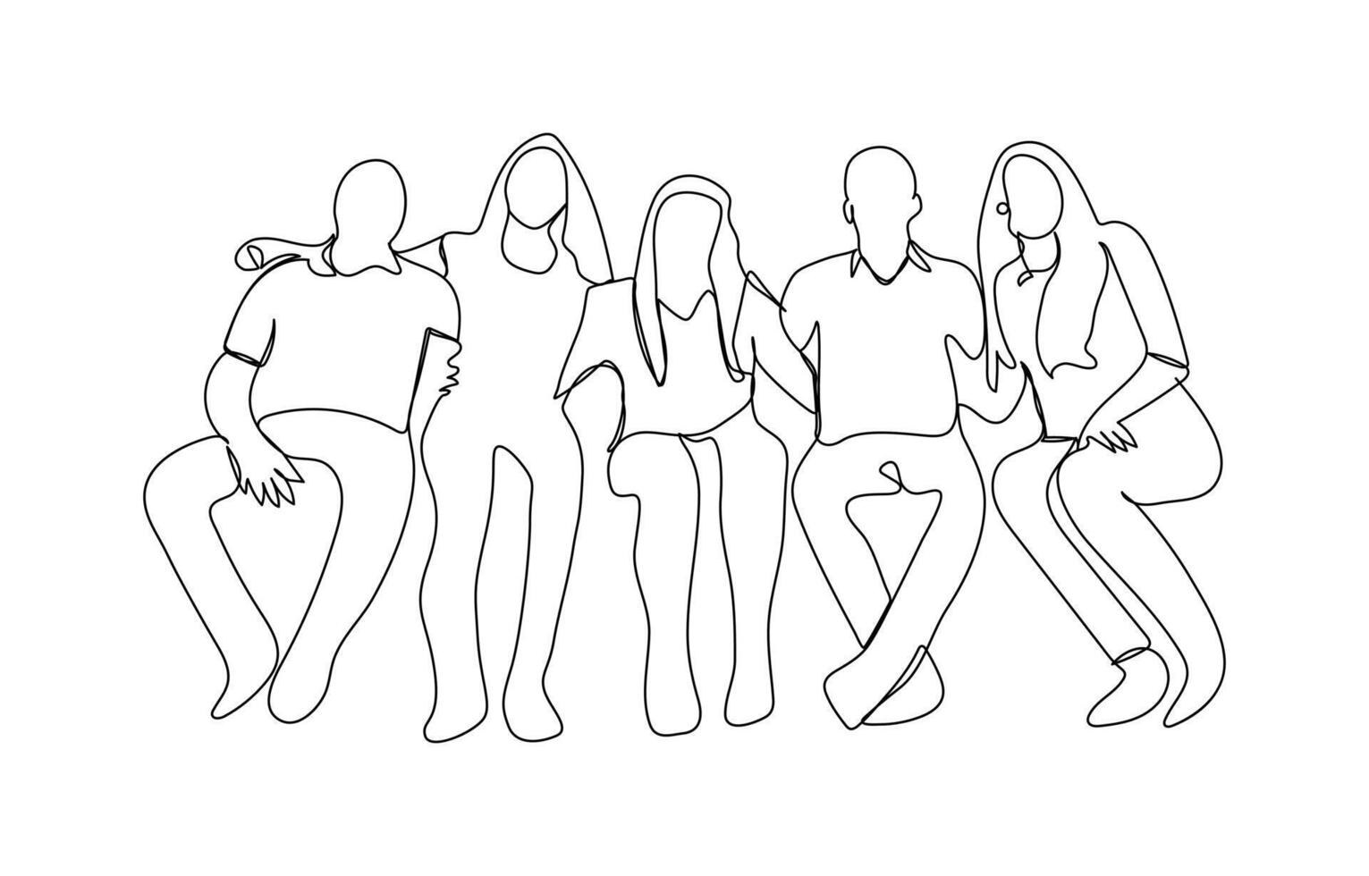Group of young people sitting together and talking in a minimalist continuous single line art style vector