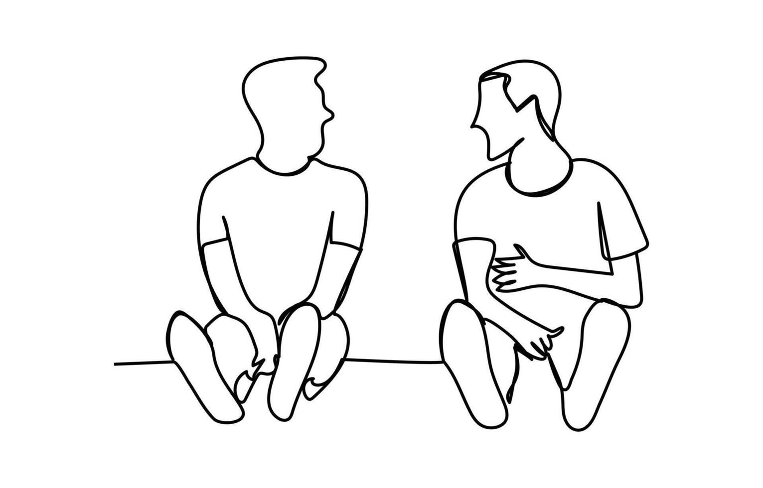 Young friends resting and chatting while sitting on ground in simple black continuous line sketch vector