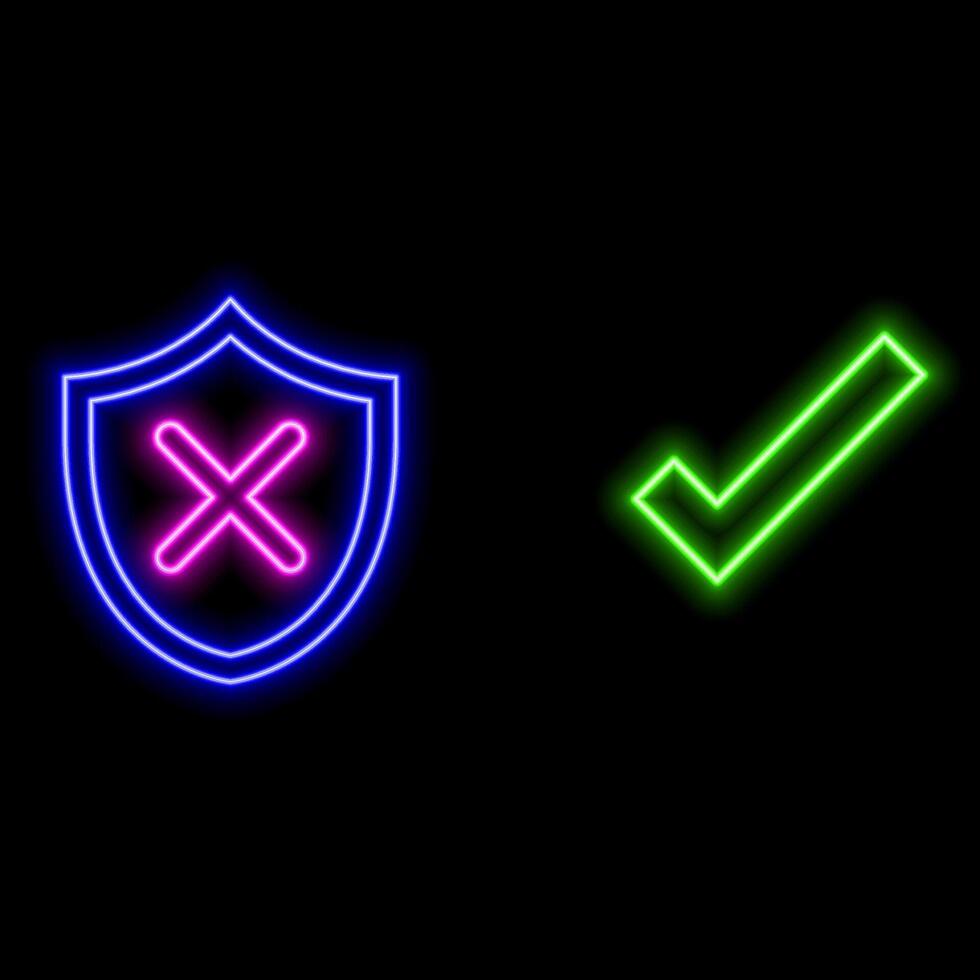 cross, x mark icon set,neon style. selection. Green check mark, red cross and yellow exclamation mark signs, tick mark symbol, x cross, exclamation button, illustration. vector