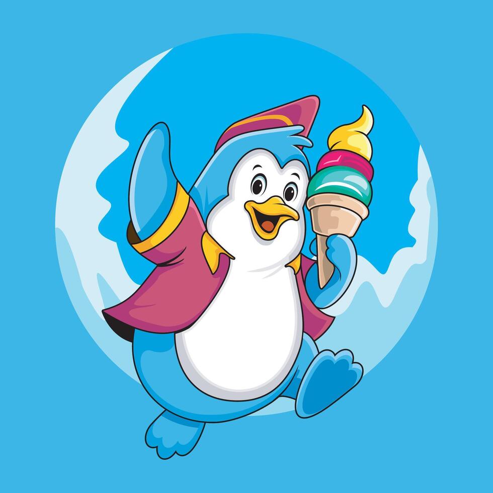 Penguin mascot enjoying ice cream vector