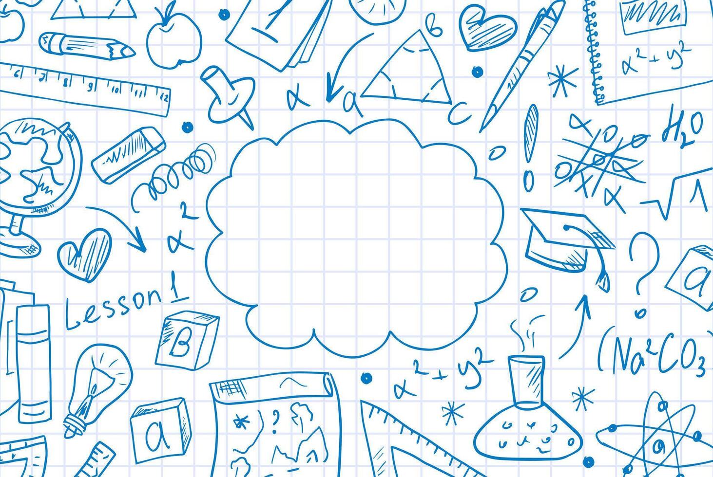 Rectangular Back to School frame with hand-drawn school supplies. Background with space for text, education concept. Template for designing diplomas, certificates, school announcements, and covers. vector