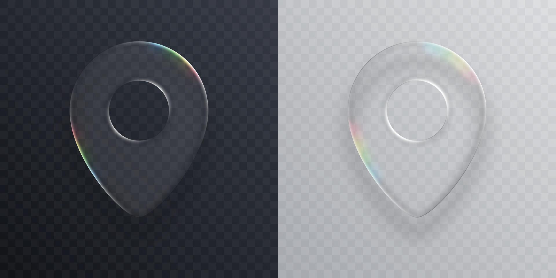 Two modern location icons, liquid glass GPS symbols, smooth and transparent, on light and dark background. vector