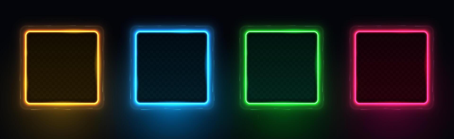 Collection of neon glowing square frames. Glowing frame with inner shadow. Orange, blue, green and red led fluorescent lasers isolated on black background. vector