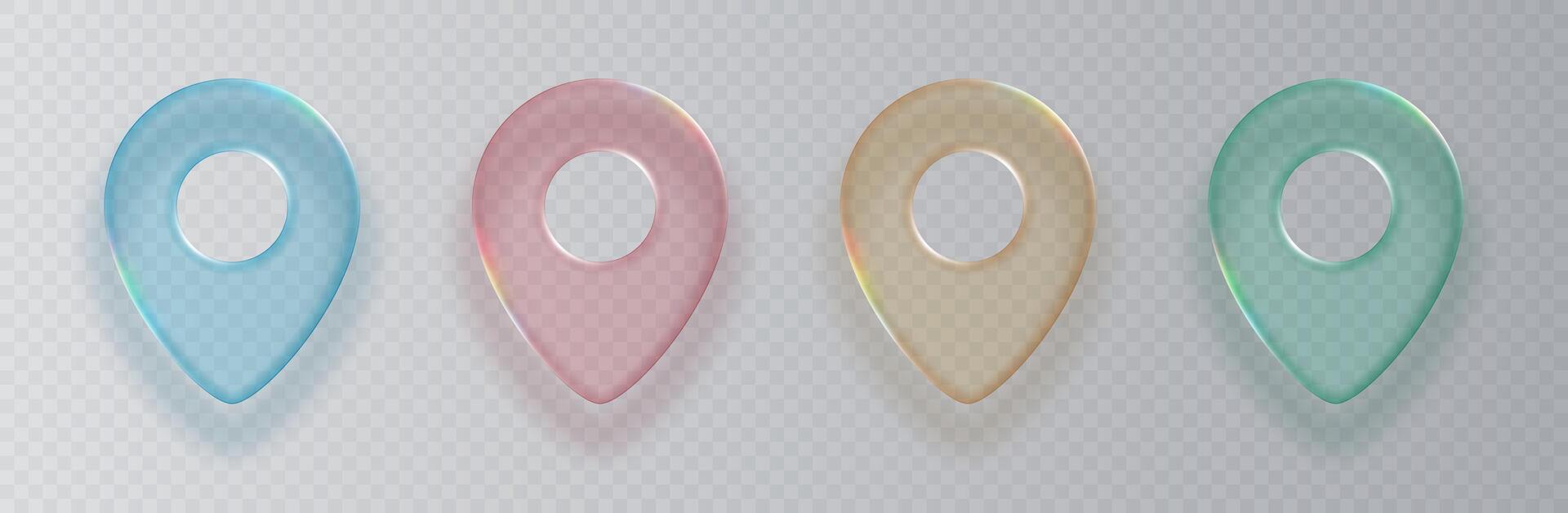 Collection of colorful transparent pins for GPS navigation map symbols in liquid glass style isolated on light background. vector