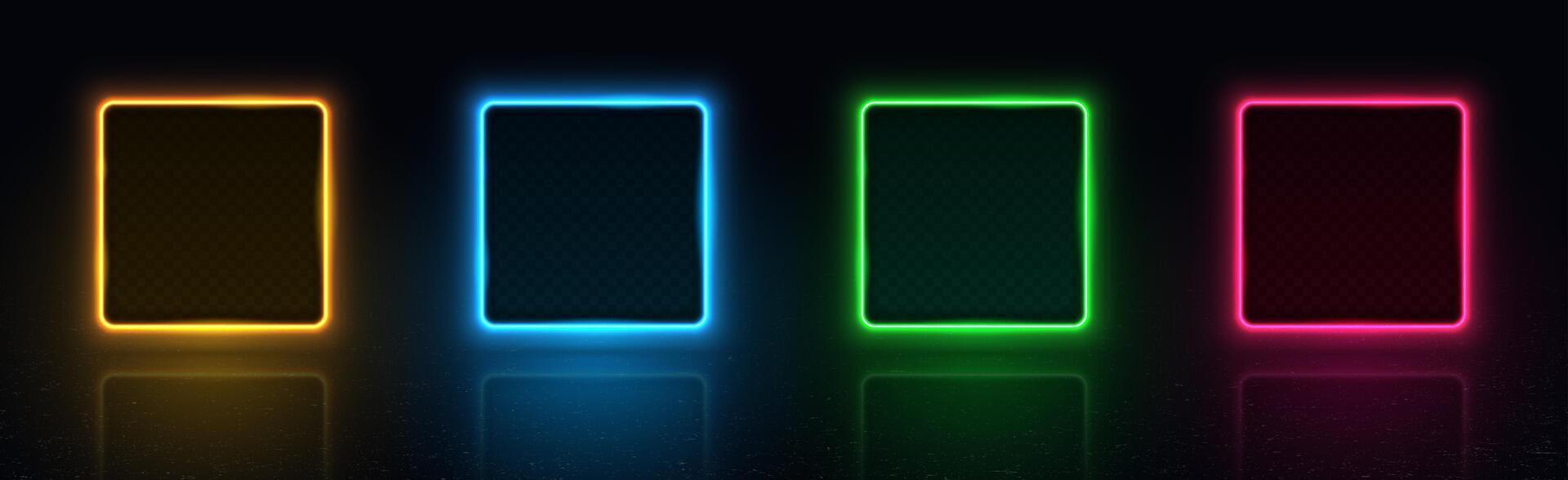 Collection of colorful bright neon frames with shadows and reflections isolated on a dark background. vector